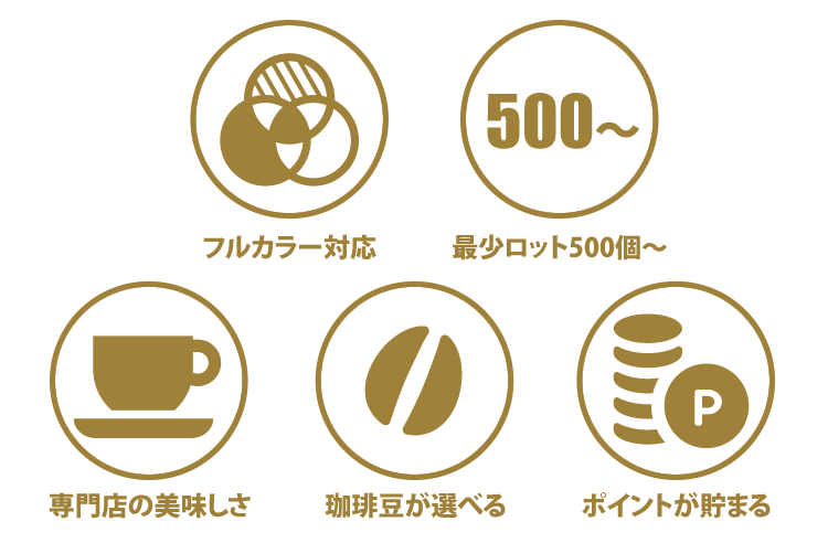 フルカラー対応/最少ロット500個/珈琲専門店の美味しさ/珈琲豆が選べる/ポイントが貯まる